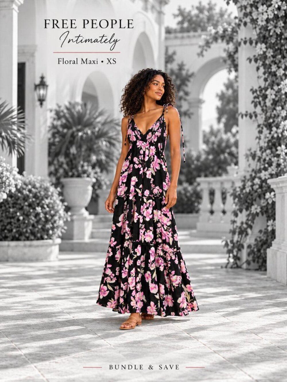 Free People Intimately Black Pink Floral Smocked Tiered Maxi Dress XS